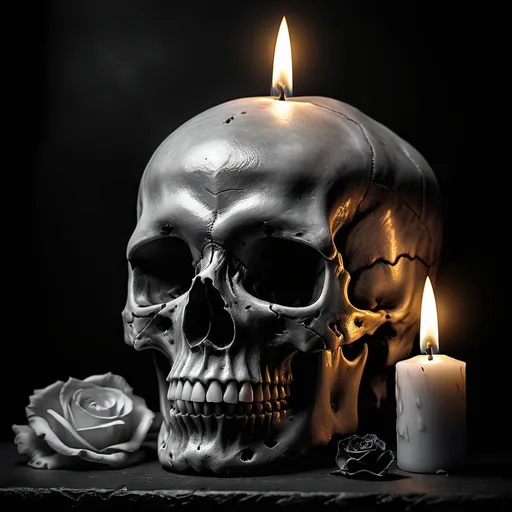 Prompt: Very realistic, human skull with candle done in a black and gray photography
