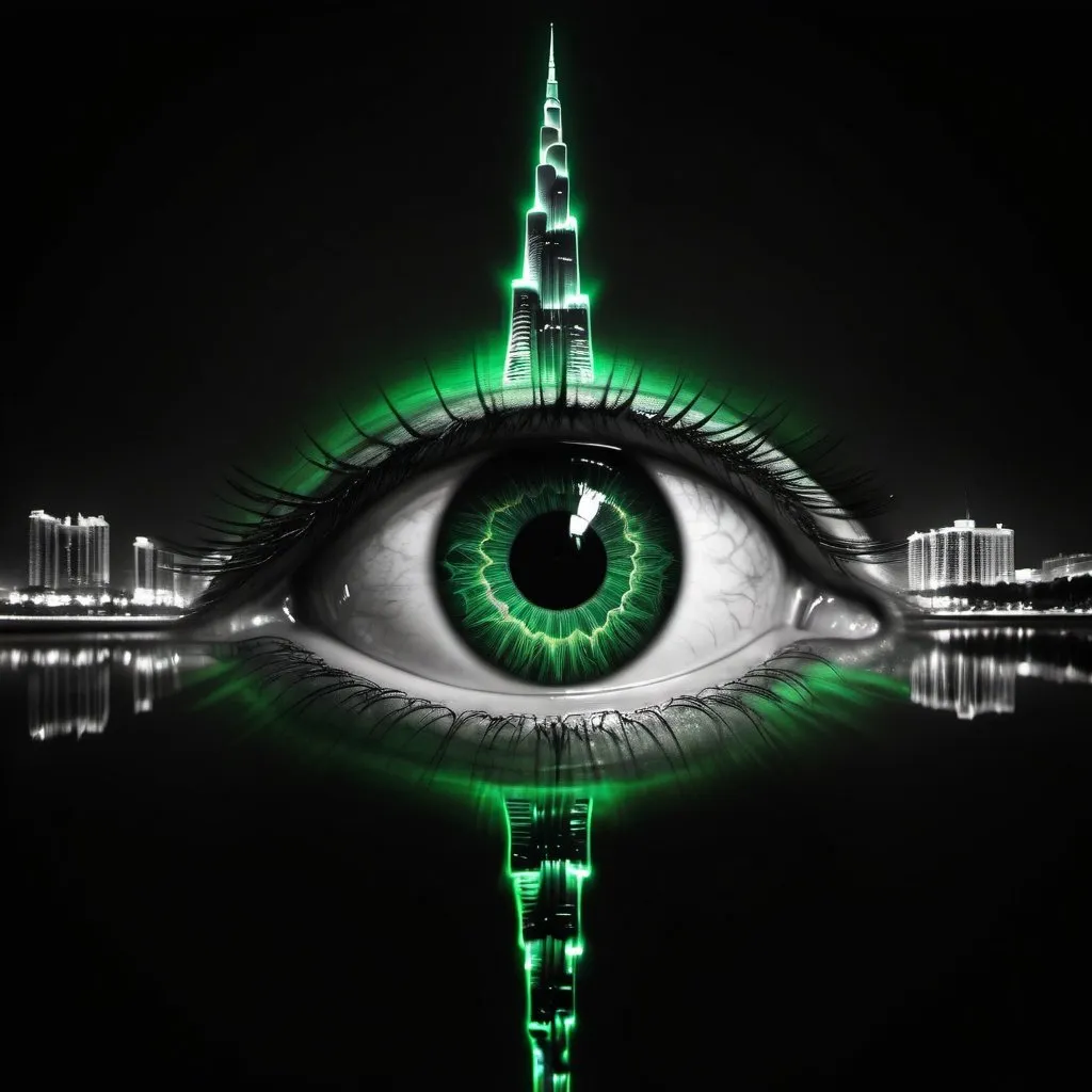 Prompt: green human eye with reflected image of burj kalifa building, in center of the eye shaped light painting black backdrop, minimalistic, elegant line design