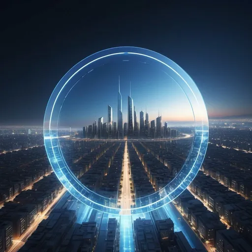 Prompt: singularity being, over a circular city with building height increasing toward the center, blue simple, high quality, detailed, ultra-detailed, realistic, modern architecture, urban skyline, glass facade, clear reflection, minimalistic design, professional, cityscape, serene atmosphere, stunning lighting, futuristic, sleek design, urban, modern, city lights, intense detail
