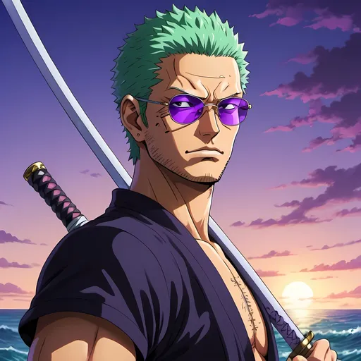 Prompt: Roronoa Zoro with purple glasses, One Piece anime, ocean background, detailed katana, intense and focused gaze, high-quality illustration, anime style, shades of blue and purple, oceanic setting, detailed character design, professional artwork, atmospheric lighting