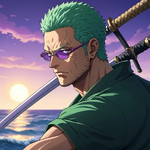 Prompt: Roronoa Zoro with purple glasses, One Piece anime, ocean background, detailed katana, intense and focused gaze, high-quality illustration, anime style, shades of blue and purple, oceanic setting, detailed character design, professional artwork, atmospheric lighting