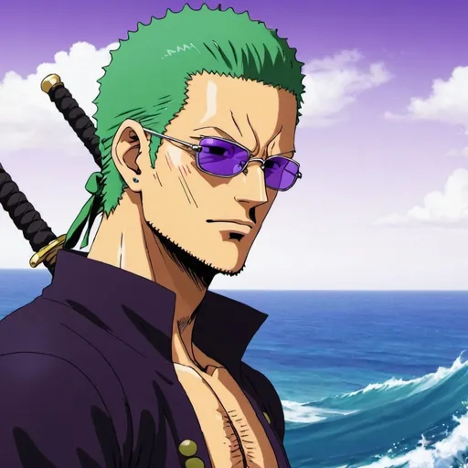 Prompt: roronoa zoro with purple glases one piece anime background ocean