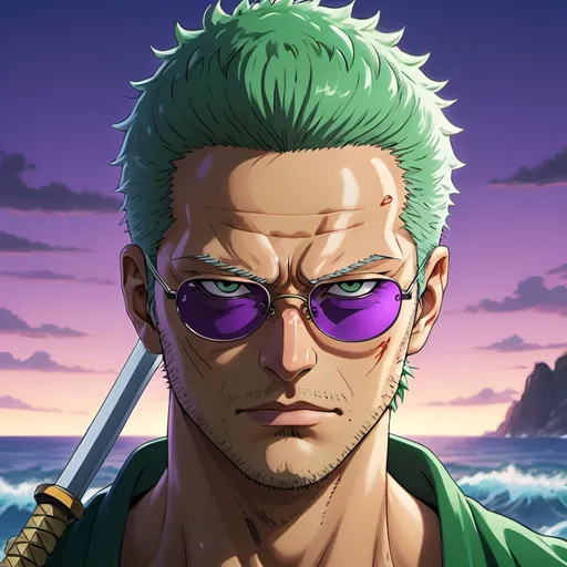 Prompt: Roronoa Zoro with purple glasses, One Piece anime, ocean background, detailed katana, intense and focused gaze, high-quality illustration, anime style, shades of blue and purple, oceanic setting, detailed character design, professional artwork, atmospheric lighting all body green hairs 