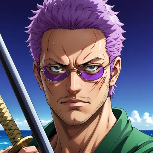 Prompt: Roronoa Zoro with purple glasses, One Piece anime, ocean background, detailed katana, intense and focused gaze, high-quality illustration, anime style, shades of blue and purple, oceanic setting, detailed character design, professional artwork, atmospheric lighting zoom out