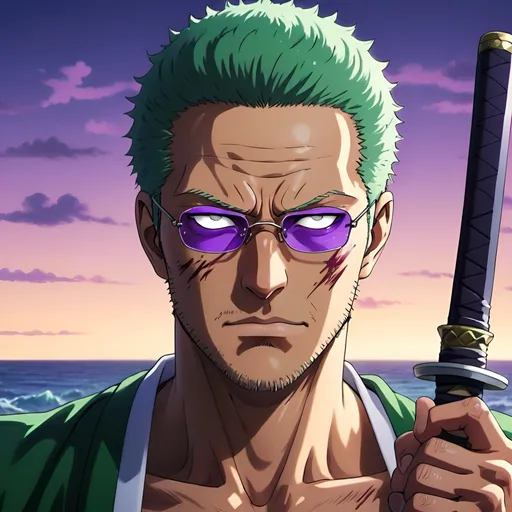 Prompt: Roronoa Zoro with purple glasses, One Piece anime, ocean background, detailed katana, intense and focused gaze, high-quality illustration, anime style, shades of blue and purple, oceanic setting, detailed character design, professional artwork, atmospheric lighting zoom out