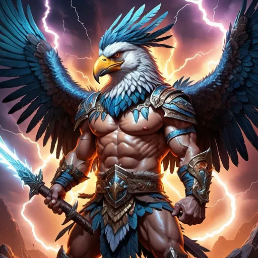 Prompt: Barbarian aarakocra holding a two handed great sword, crackling with lightning and electric energy, vibrant colors, mythical creature, detailed feathers and wings, epic fantasy, highres, detailed, vibrant colors, mythical, majestic, detailed feathers, epic fantasy, digital illustration, artistic rendering