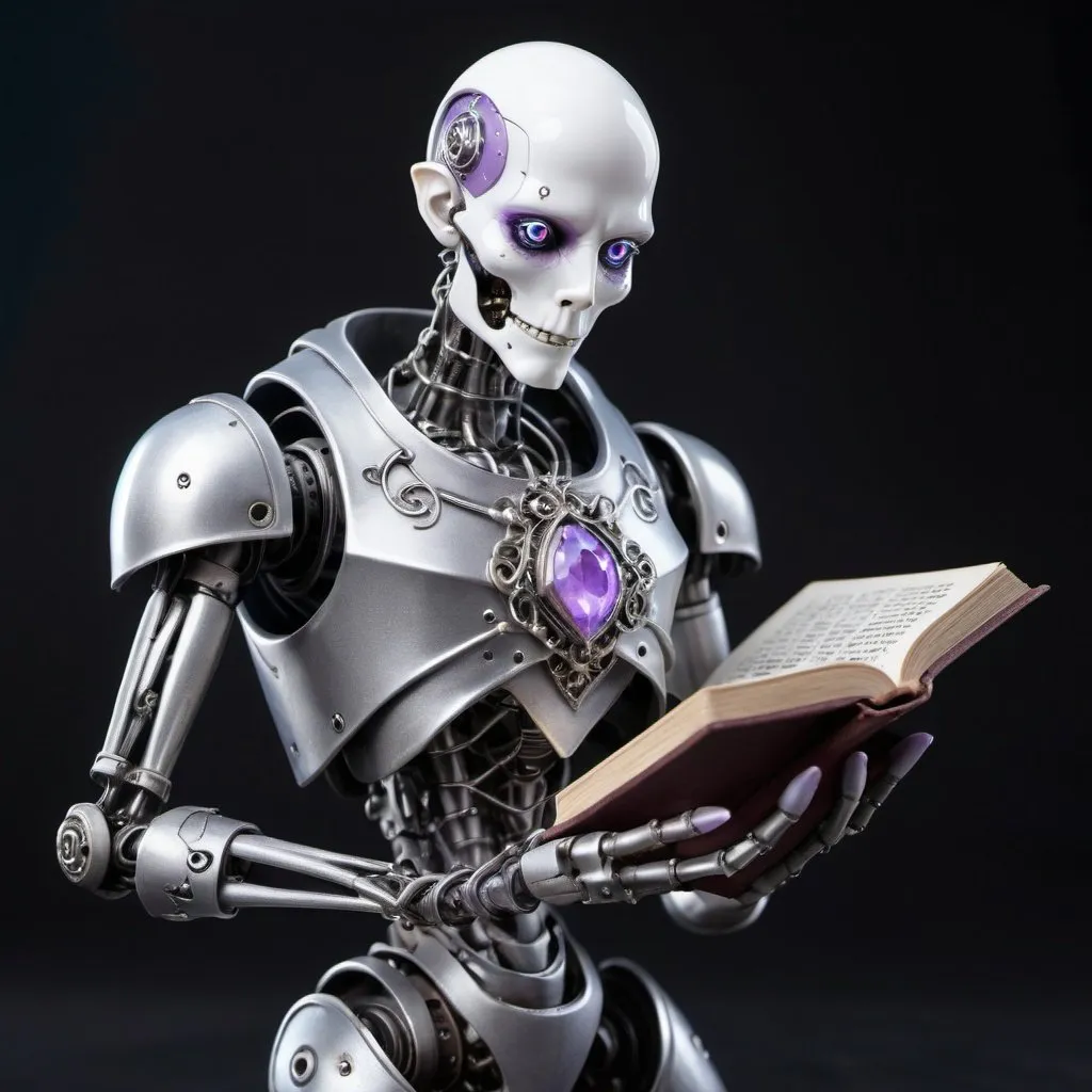 Prompt: Small animatronic humanoid robot from the D&D game casts a spell from a spell book, has gray metal exoskeleton body and bright lilac eyes, and its face looks emotionless. He wears a silver chain near his collarbones, and on his left chest is a silver brooch with a pale blue gem. Very detailed. Holding a spell book. 