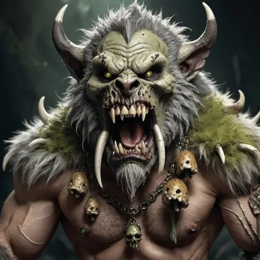 Prompt: Grey fur bugbear barbarian with ozzing greenish spores, mushrooms and fungus covered body, snarling mouth, razor-sharp teeth, elongated claws, animal skull necklace, threatening posture, detailed fur, menacing expression, highres, dark fantasy, detailed textures, intense lighting, fierce, animalistic