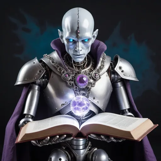 Prompt: Small animatronic humanoid robot from the D&D game casts a spell from a spell book, has gray metal exoskeleton body and bright lilac eyes, and its face looks emotionless. He wears a silver chain near his collarbones, and on his left chest is a silver brooch with a pale blue gem. Very detailed. Holding a spell book in one hand and a spectral glowing orb of magical energy in the other hand. 