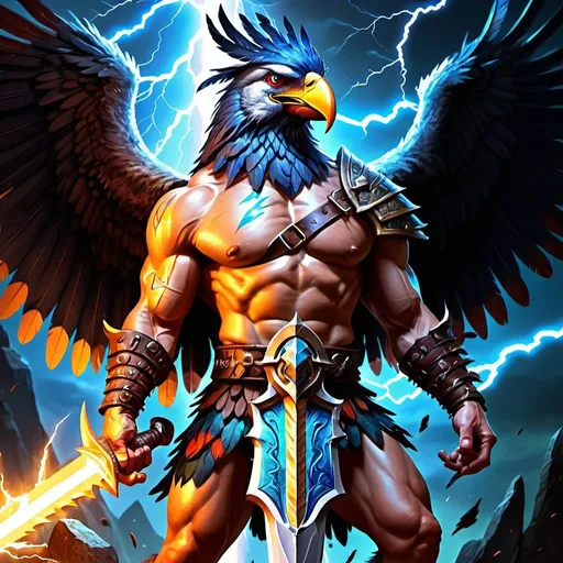 Prompt: Barbarian aarakocra holding a hiant great sword, crackling with lightning and electric energy, vibrant colors, mythical creature, detailed feathers and wings, epic fantasy, highres, detailed, vibrant colors, mythical, majestic, detailed feathers, epic fantasy, digital illustration, artistic rendering