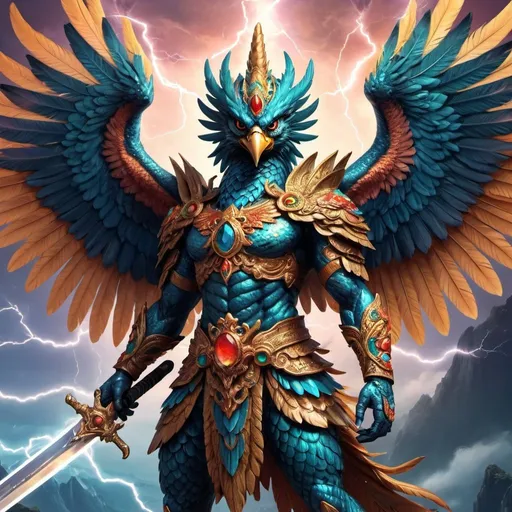 Prompt: majestic Garuda bird holding a two handed great sword, crackling with lightning and electric energy, vibrant colors, mythical creature, detailed feathers and wings, epic fantasy, highres, detailed, vibrant colors, mythical, majestic, detailed feathers, epic fantasy, digital illustration, artistic rendering