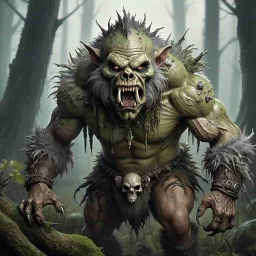 Prompt: Grey fur bugbear barbarian with ozzing greenish spores, mushrooms and fungus covered body, snarling mouth, razor-sharp teeth, elongated claws, animal skull necklace, threatening posture, detailed fur, menacing expression, highres, dark fantasy, detailed textures, intense lighting, fierce, animalistic. Standing a swampy bog, fallen trees and a green Grey atmosphere 