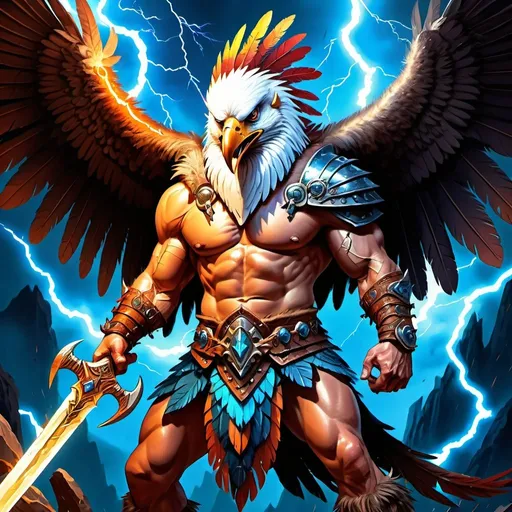 Prompt: Barbarian aarakocra holding a hiant great sword, crackling with lightning and electric energy, vibrant colors, mythical creature, detailed feathers and wings, epic fantasy, highres, detailed, vibrant colors, mythical, majestic, detailed feathers, epic fantasy, digital illustration, artistic rendering