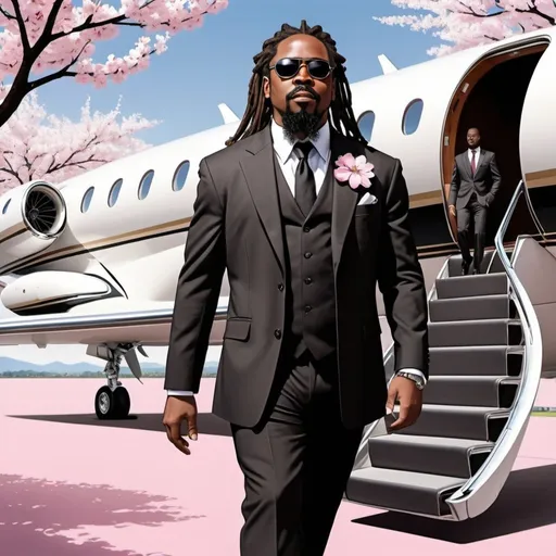 Prompt: I want you to make a cartoon like image of a mid-size black man with a goatee and dreadlocks with the mask on his face only showing his eyes looking extremely wealthy walking down the runway of a private jet getting into a luxury car in Japan during the cherry blossom season