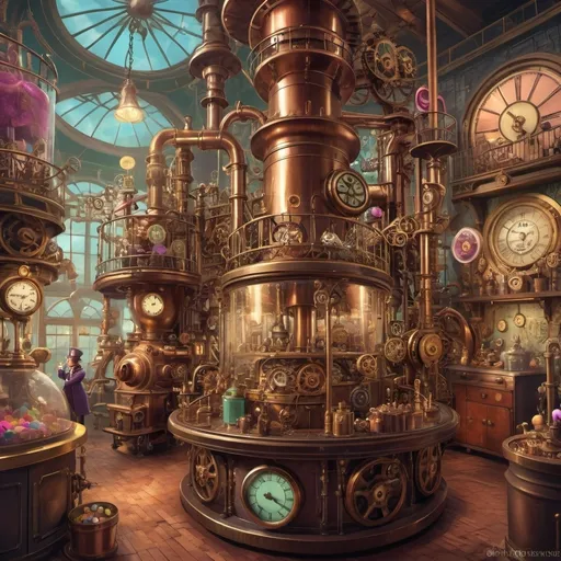 Prompt: Steampunk Willy Wonka, (intricate details), whimsical candy factory, elaborate machinery, brass and copper tones, rich colors, vintage Victorian style, playful atmosphere, whimsical inventions, lush candy landscapes, dials, gears, and gauges in the background, whimsical characters interact with sweets, enchanting charm, (highly detailed), surrealistic dreamscape, enchanting storytelling.