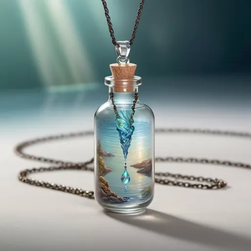 Prompt: Glass pendant necklace featuring a (hyperrealistic) sealed glass vial containing shimmering river water, intricate detailing of the pendant with gentle reflections, delicately worn around a woman’s neck. Elegant light playing through the glass, casting colorful refractions, against a softly muted serene background, highlighting the natural beauty of the water, adorned with a subtle glow, 4K, ultra-detailed.