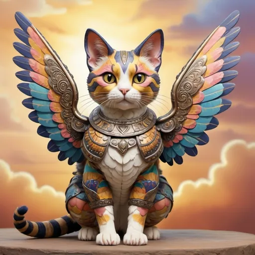 Prompt: (Armored Calico Cat Hybrid with Wings), vibrant and whimsical, fantastical fusion of an armadillo and a calico cat, intricate wing details adorned with colorful patterns, warm and inviting color tones, vibrant fur texture, enchanting background filled with soft clouds and sunlight, high-quality, ultra-detailed artwork.