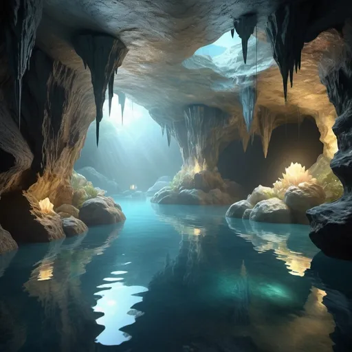 Prompt: (hyper-realistic underground cave), lagoon grotto, (iridescent crystals), warm ambient lighting, natural warm stone textures, tranquil waters reflecting shimmering lights, intricate rock formations, an ethereal atmosphere, shadows dancing on cave walls, ultra-detailed, inviting scene that captures the mystique of nature, serene and enchanting environment.