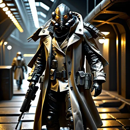 Prompt: Infiltrator-type stalker with a trench coat, detailed tyrranid design, armored chitin plates, apocalyptic setting, intense and sinister gaze, futuristic biological enhancements, gritty and dark atmosphere, high quality, detailed, dystopian, tyrranid, the bugs, trench coat, apocalyptic, intense gaze, metallic sheen, futuristic, gritty, sinister, atmospheric lighting