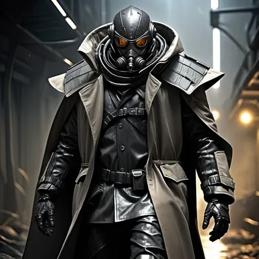 Prompt: Infiltrator-type stalker with a trench coat, detailed tyrranid design, armored chitin plates, apocalyptic setting, intense and sinister gaze, futuristic biological enhancements, gritty and dark atmosphere, high quality, detailed, dystopian, tyrranid, the bugs, trench coat, apocalyptic, intense gaze, metallic sheen, futuristic, gritty, sinister, atmospheric lighting