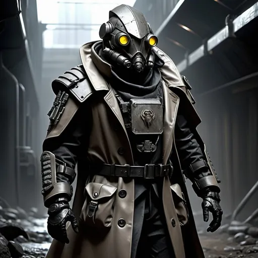 Prompt: Infiltrator-type stalker with a trench coat, detailed tyrranid design, armored chitin plates, apocalyptic setting, intense and sinister gaze, futuristic biological enhancements, gritty and dark atmosphere, high quality, detailed, dystopian, tyrranid, the bugs, trench coat, apocalyptic, intense gaze, metallic sheen, futuristic, gritty, sinister, atmospheric lighting