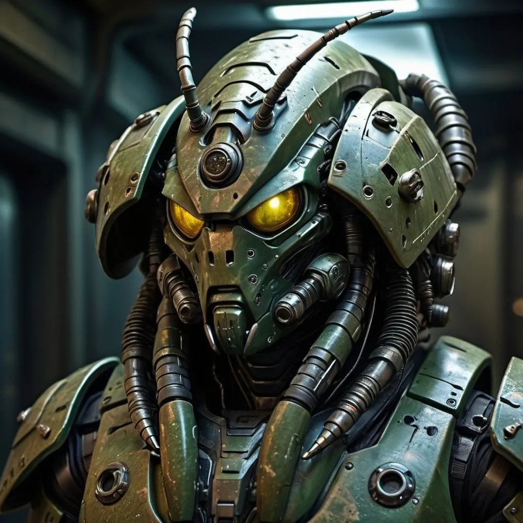 Prompt: Stalker bug terminid disguising in recovered helldiver armor, sci-fi, exaggerative insectoid features, metallic sheen, rugged texture, intense and focused gaze, camouflage colors, high-tech armor, futuristic setting, detailed eyes, cool tones, atmospheric lighting, best quality, ultra-detailed, sci-fi, camouflage, insectoid, futuristic, detailed armor, intense gaze, professional, rugged texture