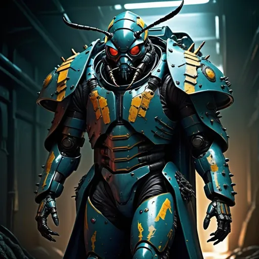 Prompt: Stalker bug terminid squeezing into and bursting out of helldiver armor, digital art, vibrant and menacing color palette, ultra-detailed, intense and dramatic, insect-inspired, menacing lighting, futuristic, sci-fi, high quality, detailed exoskeleton, trench coat over armor, incognito, dramatic lighting, sci-fi exoskeleton, menacing color scheme, intense and detailed, otherworldly, armored insect, dynamic composition