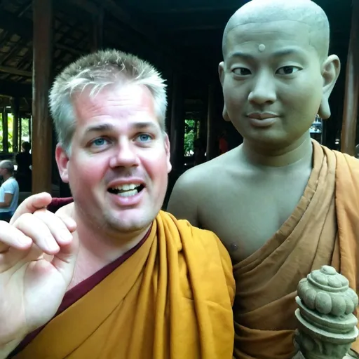 Prompt: The guy in the picture with a living asian monk, both posing like tourists. The foto must look like a shitty iPhone picture.