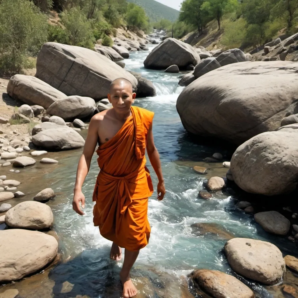 Prompt: 
Create a photorealistic image of an Indian monk wearing a blue sleeveless shirt and orange robe. He is walking in a rocky terrain  with water stream, other monks walk behind him. 
.