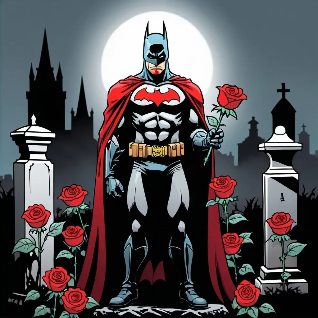 Prompt: Draw a red batman holding a rose while standing over a grave