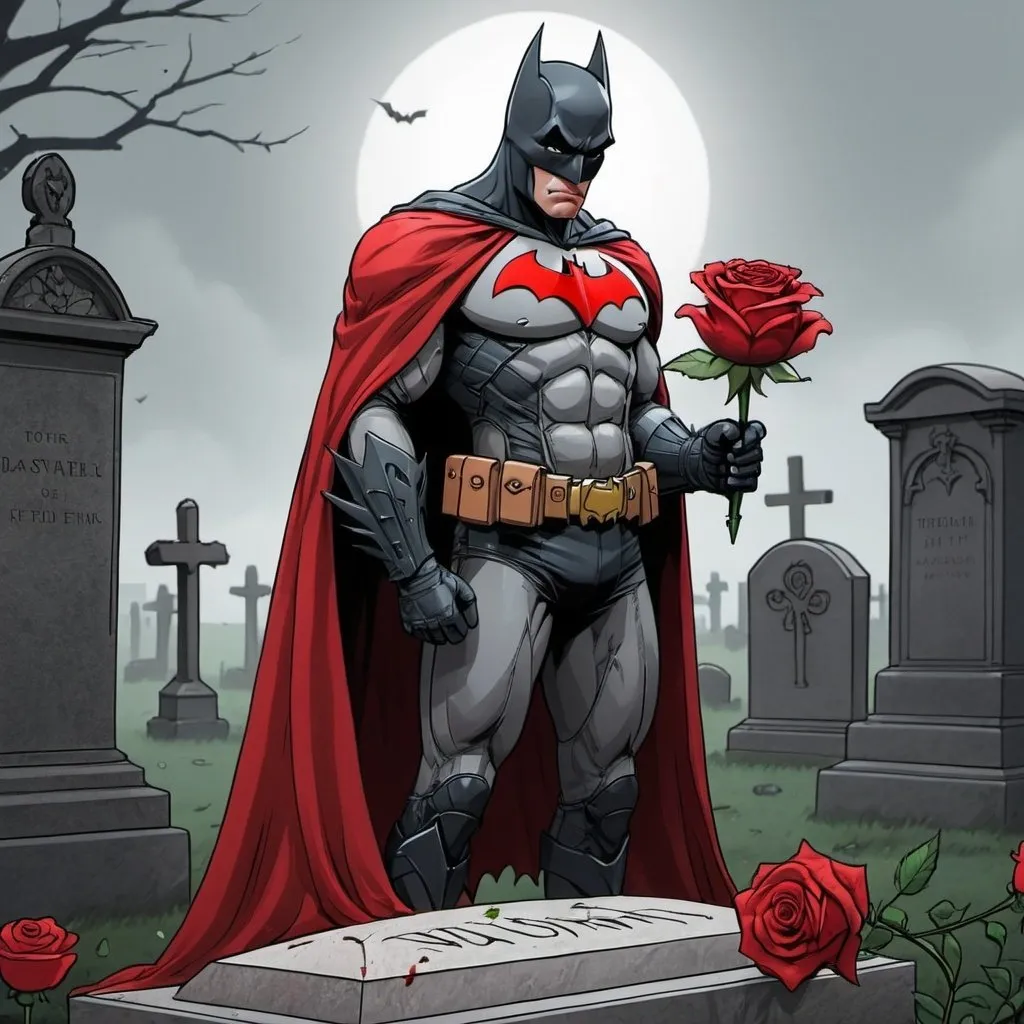 Prompt: Draw a red batman holding a rose while standing over a grave