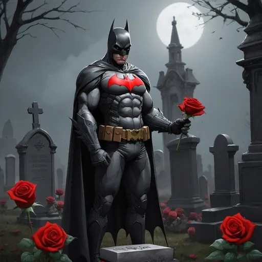 Prompt: Draw a red batman holding a rose while standing next to a grave