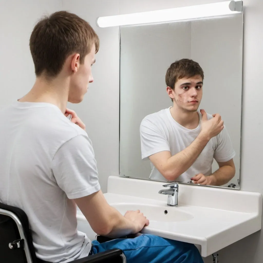 Prompt: Someone that is not disable look at the mirror and see himself as a disabled person