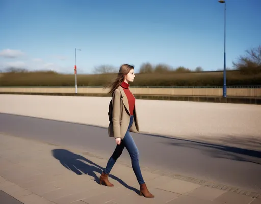 Prompt: Tall young woman walking down the high street, detailed clothing, realistic, natural lighting