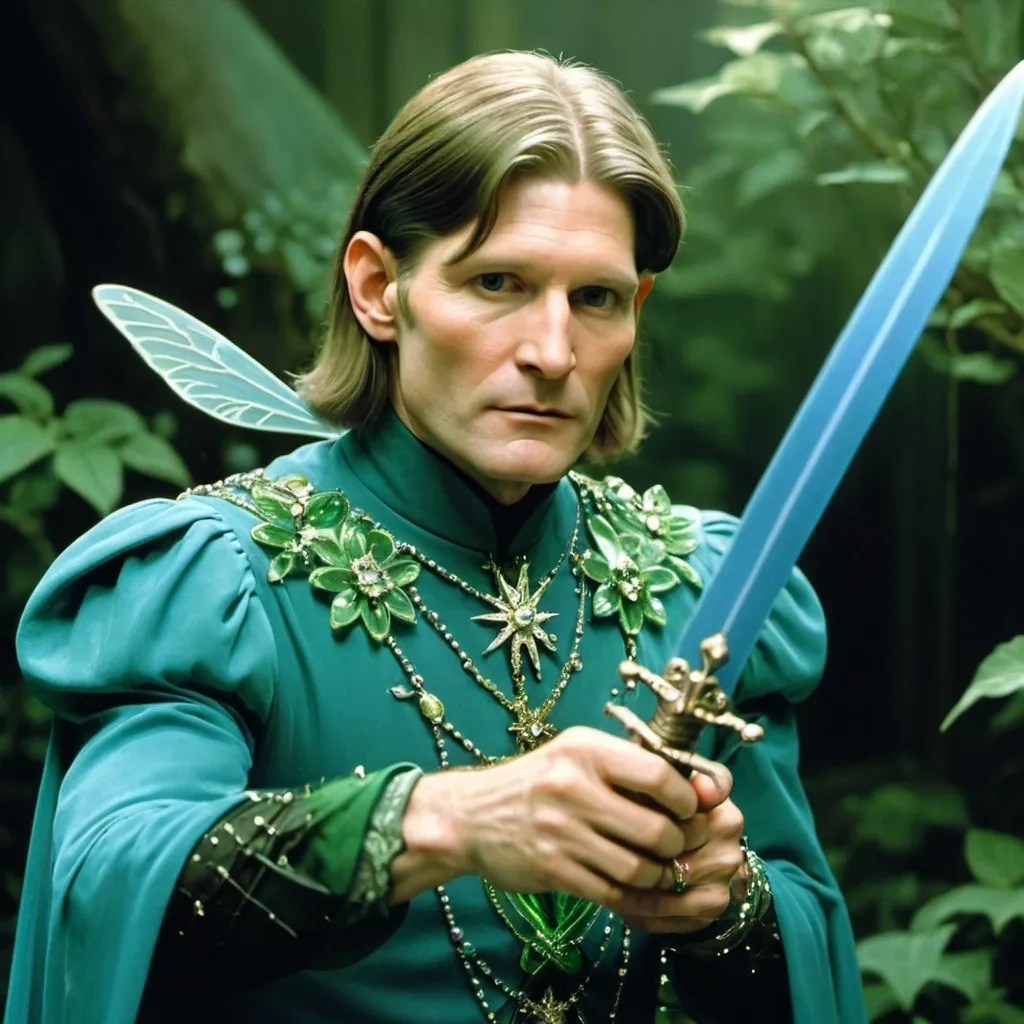 Prompt: Crispin Glover as a blue and green fairy with lots of tiny Jewels and a sheathed sword at his side.