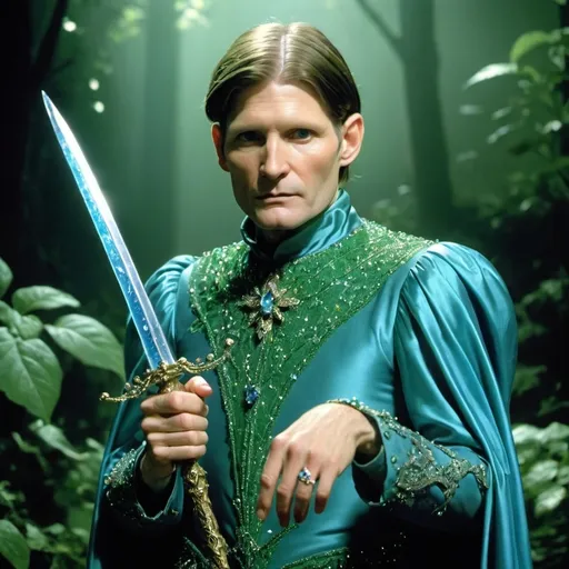 Prompt: Crispin Glover as a blue and green fairy with lots of tiny Jewels and a sheathed sword at his side.