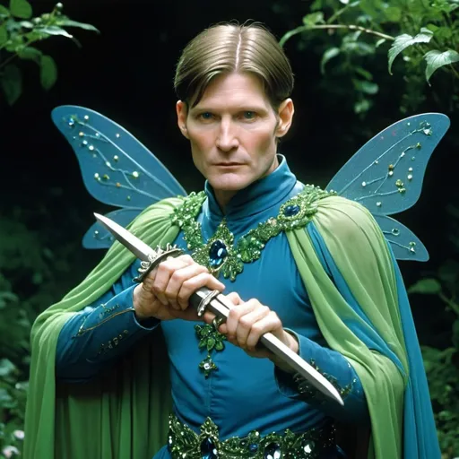 Prompt: Crispin Glover as a blue and green fairy with lots of tiny Jewels and a sheathed sword at his side.