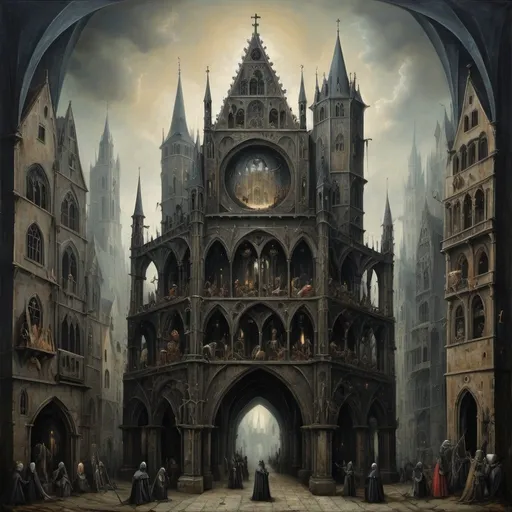 Prompt: Gothic art of a medieval city, reminiscent of Hieronymus Bosch, intricate details, dark and surreal, high-quality, oil painting, eerie, surreal, medieval architecture, gothic style, intricate details, mysterious atmosphere, dramatic lighting but all in a modern heavy metal album cover style