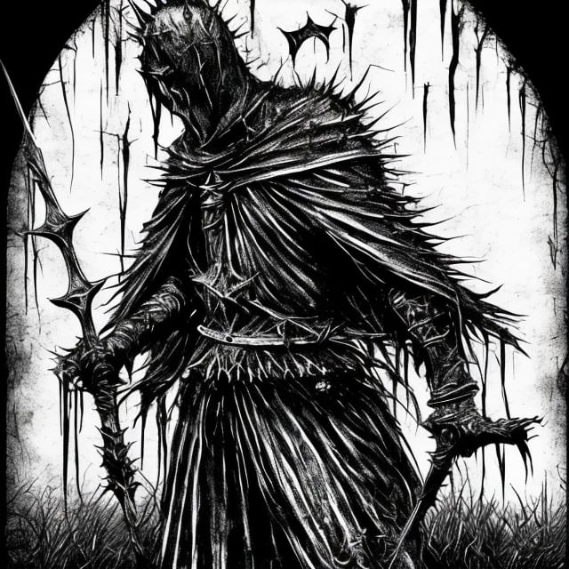 Prompt: Black and white rotoscope knights, horrific, spiked, blood, gothic, surreal, 