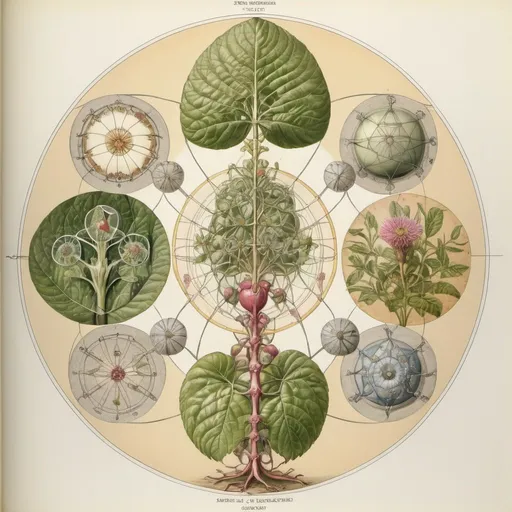 Prompt: an anatomical drawing of ((sacred geometry and plants)), painting by Walton Ford, field guide page style, vintage, naturalist, colour plate, hd, Codex Seraphinianus