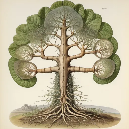 Prompt: an anatomical drawing of ((rhizome, sacred geometry, plants)), painting by Walton Ford, field guide page style, vintage, naturalist, colour plate, hd, Codex Seraphinianus