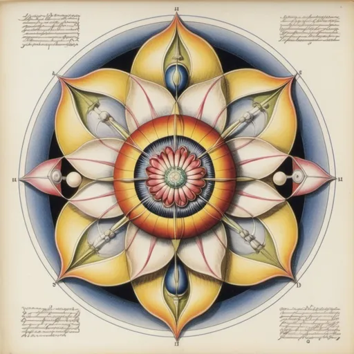 Prompt: an anatomical drawing of ((sacred geometry, alien, flower)), painting by Walton Ford, field guide page style, vintage, naturalist, colour plate, hd, Codex Seraphinianus