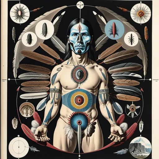 Prompt: sacred geometry, native american, bison, bear, eagle, feather fan, face paint, water, rocks, peyote cactus, anatomical drawing , painting by Walton Ford, field guide page style, vintage, naturalist, colour plate, hd, Codex Seraphinianus