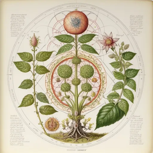 Prompt: an anatomical drawing of ((sacred geometry and plants)), painting by Walton Ford, field guide page style, vintage, naturalist, colour plate, hd, Codex Seraphinianus