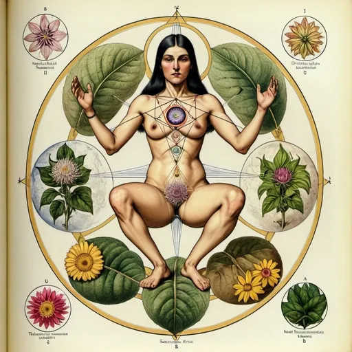 Prompt: an anatomical drawing of ((sacred geometry, plant, flower)), painting by Walton Ford, field guide page style, vintage, naturalist, colour plate, hd, Codex Seraphinianus