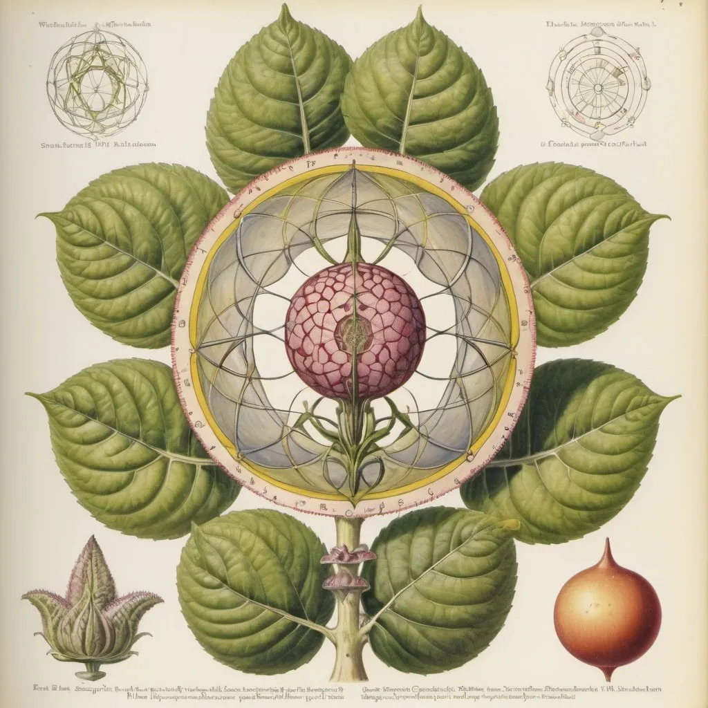 Prompt: an anatomical drawing of ((sacred geometry and plants)), painting by Walton Ford, field guide page style, vintage, naturalist, colour plate, hd, Codex Seraphinianus