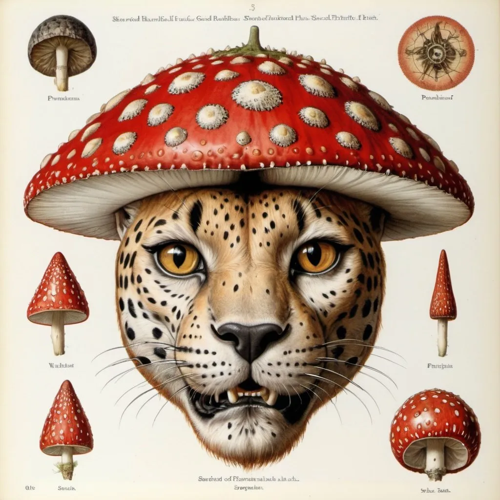 Prompt: an anatomical drawing of ((sacred geometry, fly agaric, panther face, shaman)), painting by Walton Ford, field guide page style, vintage, naturalist, colour plate, hd, Codex Seraphinianus