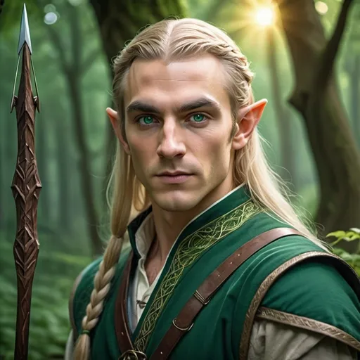 Prompt: (mighty male elven warrior portrait), (long-braided blond hair), medieval robe, fitted shirt and pants, (large slender bow with arrows), immersive Tolkien-esque fantasy backdrop, lush greenery, ethereal light filtering through trees, high fantasy atmosphere, detailed facial features, sharp emerald eyes filled with determination, dramatic depth of field, vibrant color palette, (ultra-detailed), (4K), enchanting ambiance.