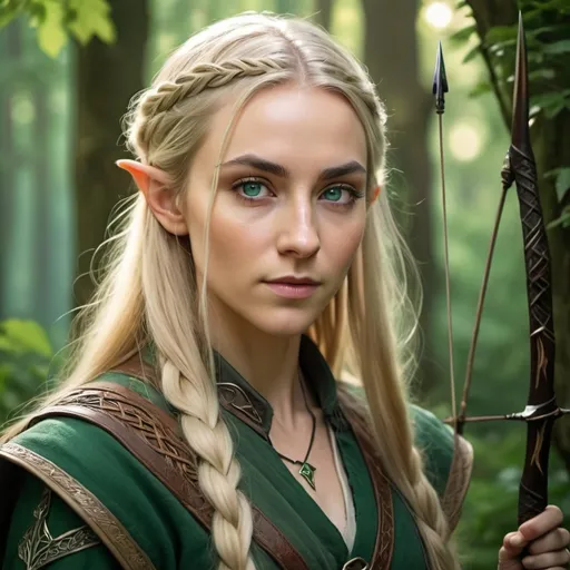 Prompt: (mighty elven warrior portrait), (long-braided blond hair), medieval robe, fitted shirt and pants, (large slender bow with arrows), immersive Tolkien-esque fantasy backdrop, lush greenery, ethereal light filtering through trees, high fantasy atmosphere, detailed facial features, sharp emerald eyes filled with determination, dramatic depth of field, vibrant color palette, (ultra-detailed), (4K), enchanting ambiance.