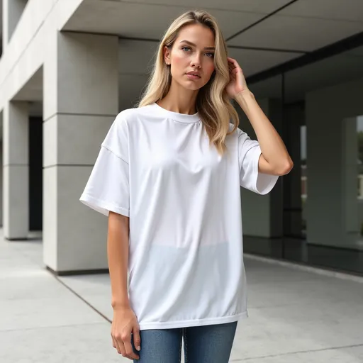 Prompt: 8K photorealistic mockup of an oversized white cotton T-shirt resembling Comfort Colors 1717, with a slightly textured surface and a relaxed fit. Modeled by a female fashion model with sleek blonde hair styled into a loose ponytail, standing confidently in an urban, clean, and minimalistic background. The model's front-facing pose features one hand gently touching her hair while the other hangs naturally by her side, exuding a casual and stylish vibe.

The oversized T-shirt drapes naturally, emphasizing its loose and comfortable fit. Subtle creases in natural areas, such as near the shoulders and hem, add realism while maintaining a polished look. The clean urban setting is defined by neutral tones, concrete textures, and minimal design elements, such as sleek metal railings or understated urban furniture. A soft gradient of natural light casts subtle shadows, highlighting the model and the outfit against the minimalistic backdrop.

Lighting and Focus:
Soft, diffused natural lighting enhances the texture and fit of the T-shirt, with slight shadows adding depth and dimension. The clean, minimalistic urban setting ensures that the focus remains on the oversized T-shirt, styled to highlight its relaxed, contemporary appeal.

Style Details:
The white Comfort Colors 1717 T-shirt is styled loose and untucked, with its oversized silhouette emphasized through the model's pose. The neutral backdrop complements the T-shirt's simplicity while adding a modern, stylish aesthetic. The model’s relaxed stance and natural hand placement create a relatable and aspirational visual, making the mockup ideal for showcasing the oversized apparel in a modern lifestyle context.